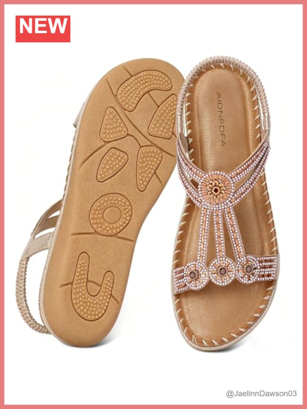 Boho Rhinestone Beaded Flat Sandals with Ankle Strap - Memory Foam, Vegan